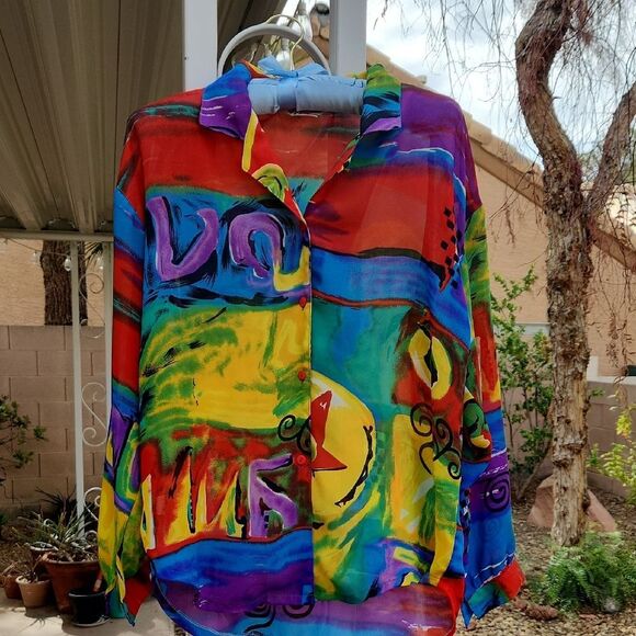 Red and Blue Button Down Sheer Blouse Kae Mei Womens Medium - Picture 1 of 6